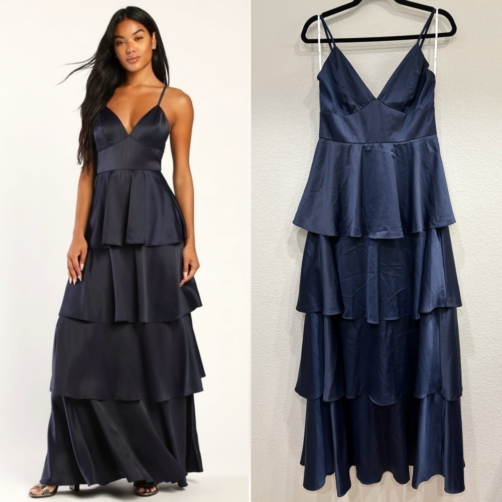 Sz M NWOT Lulus Going with Elegance Navy Blue Satin Tiered Gown
